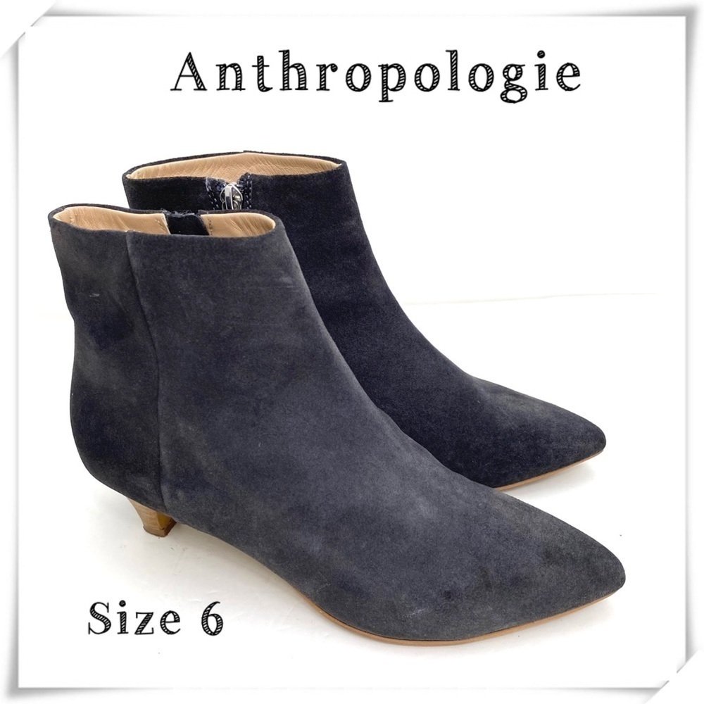 ANTHROPOLOGIE Suede Pointed Toe Ankle Low Heel Boot in Charcoal Gray Size 6